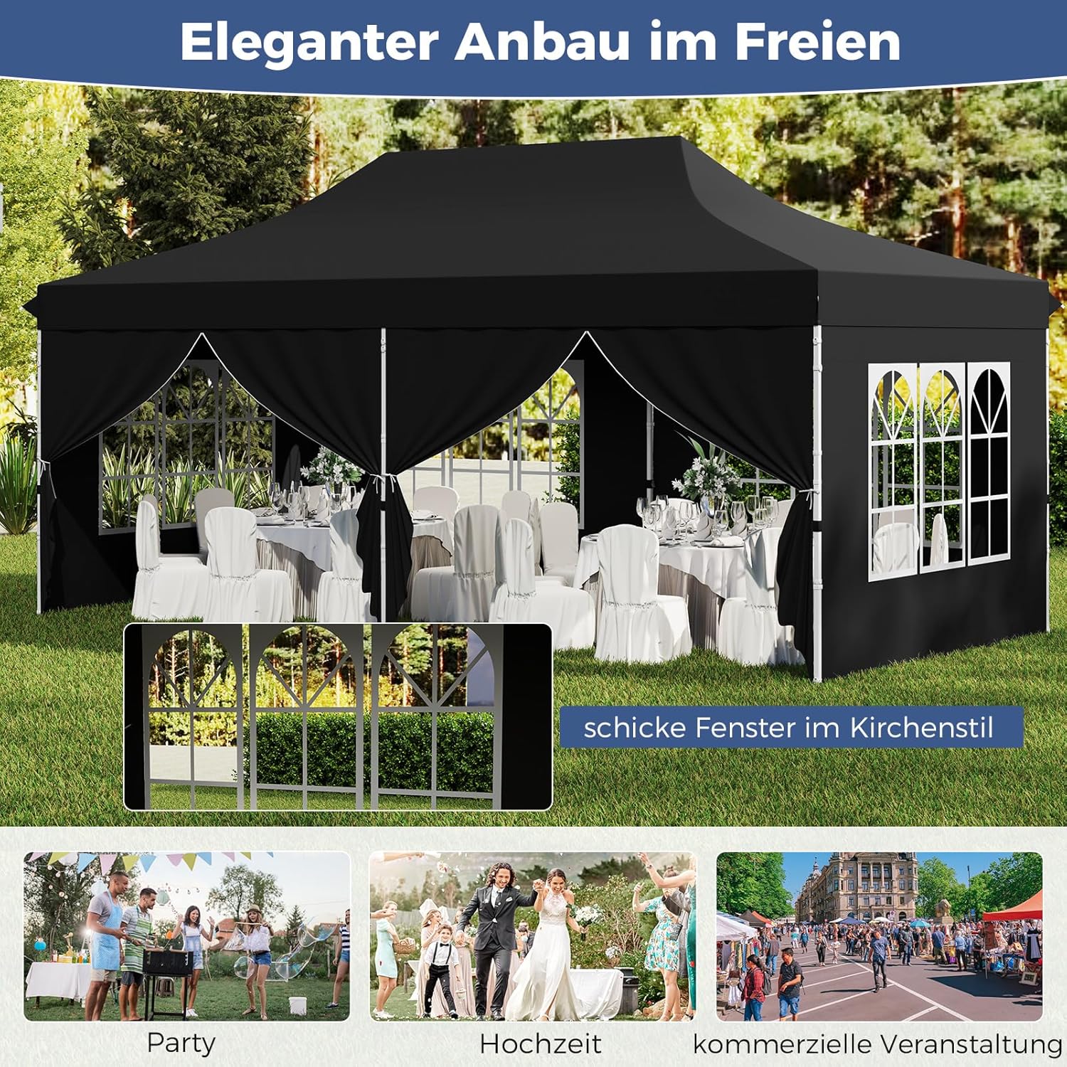 COSTWAY Pavillon 3x6m, Faltpavillon mit 6 Seitenwänden & 6 Sandsäcke, Gartenpavillon Wasserdicht Stabil Winterfest, UV Schutz 50+, Partyzelt mit Tragetasche für Garten Hausparty Hochzeiten (Schwarz)