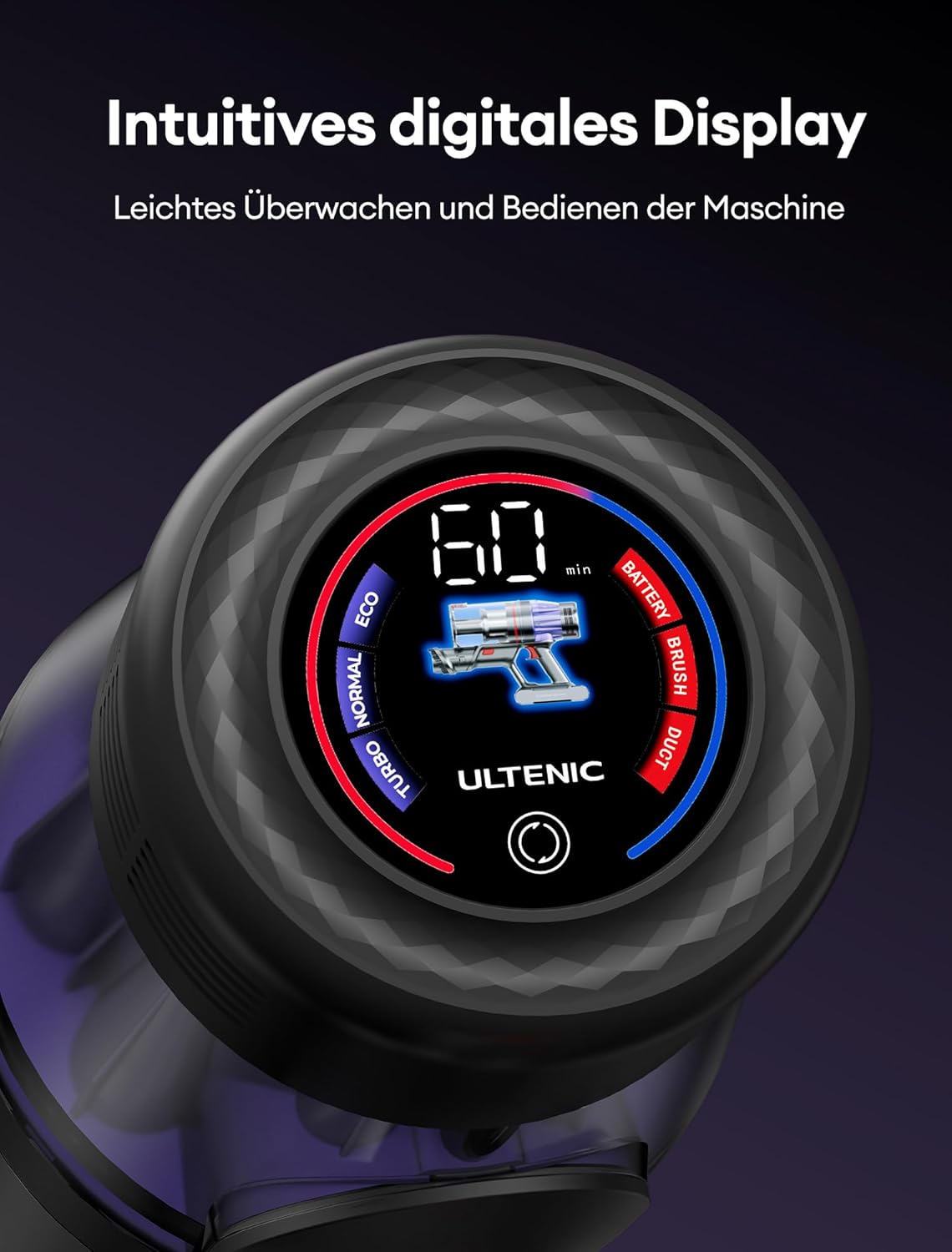 Ultenic Akku Staubsauger 50KPA/550W/60Min, 1,5L Staubsauger Kabellos, Touchscreen Display, Anti-Tangle Bürste, Wandmontierte Ladestation Grün Licht, 180° Faltbarer, für Tierhaare/Teppiche/Hartböden