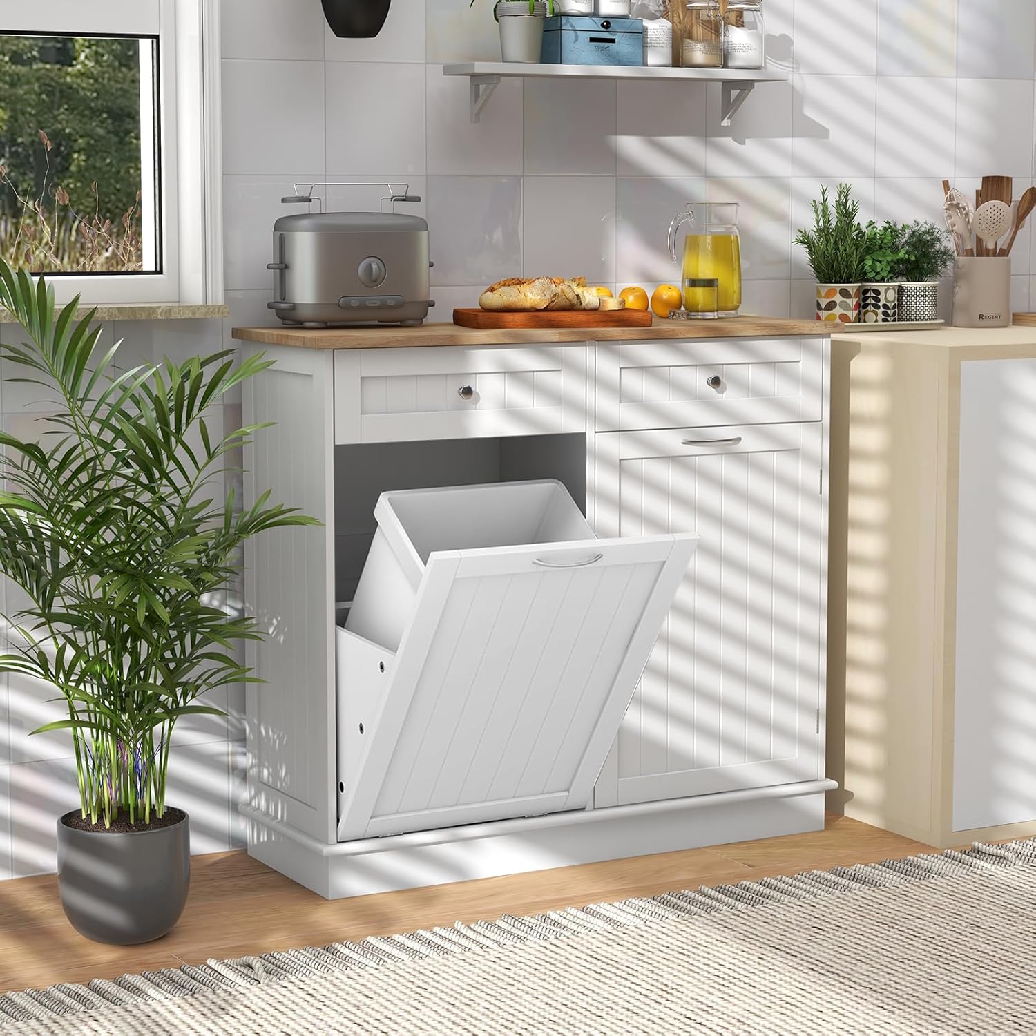 COSTWAY Kommode für Mülleimer 42L, Küchenschrank mit großer Arbeitplatte & 2 Schubladen & verstellbarem Regal, Mülleimerschrank mit Mülleimerhalter, Schrank für Küche ohne Mülleimer (Weiß)