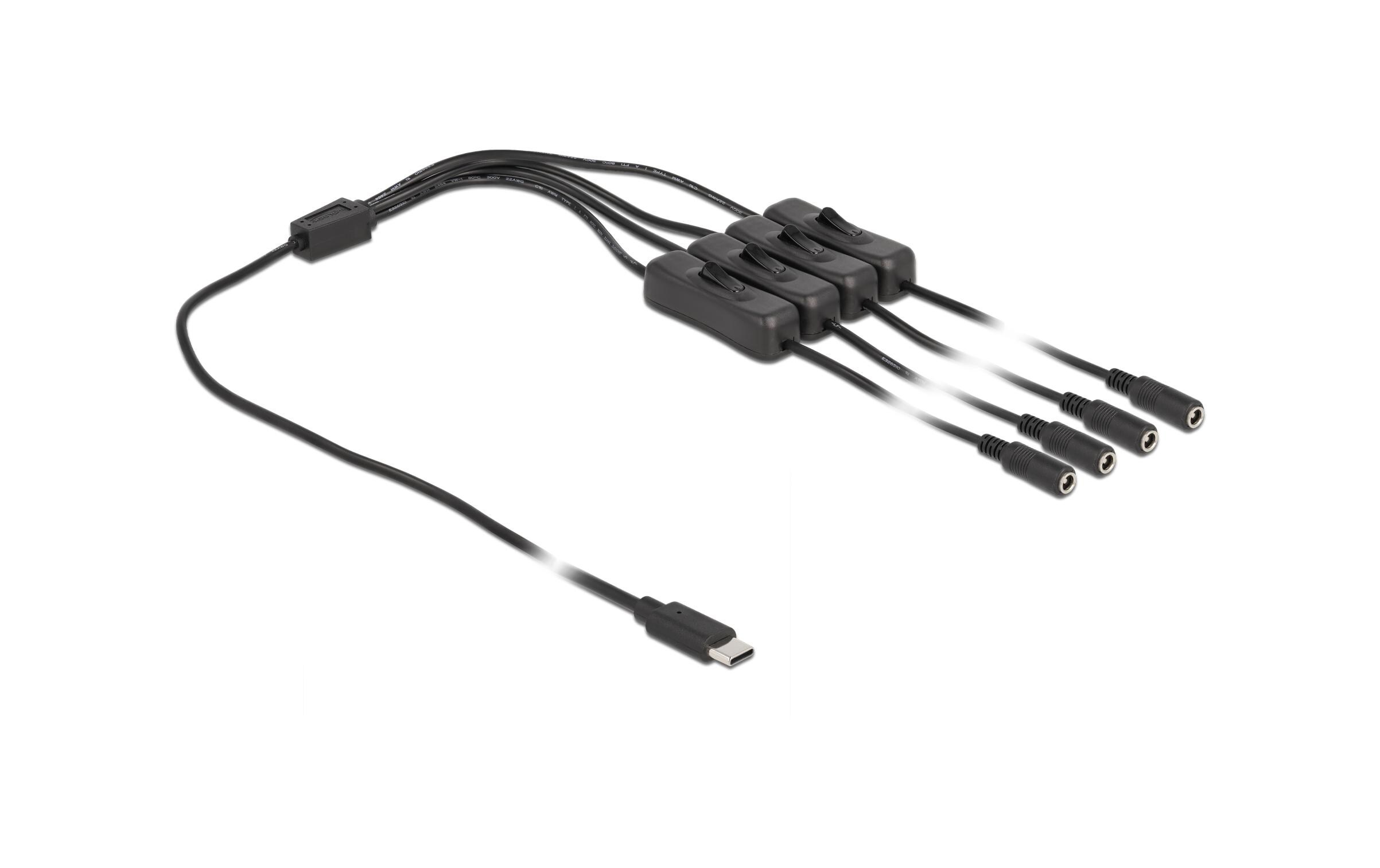 Hohlstecker Kabel USB Type-C zu 4 x DC mit Schalter 1 mDelock Kabel USB Type-C Stecker zu 4 x DC 5.5 x 2.1 mm Buchse mit Schalter 1 m