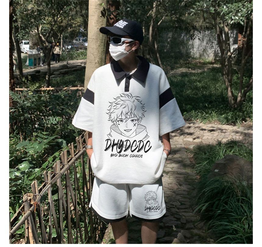 Derbundy - Set: Anime Print Panel Polo Shirt met Elleboogmouwen + Sweat Shorts