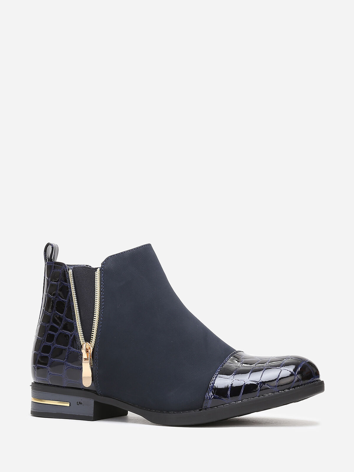 Bottines bi-matières bout vernis imprimé croco- Bleu
