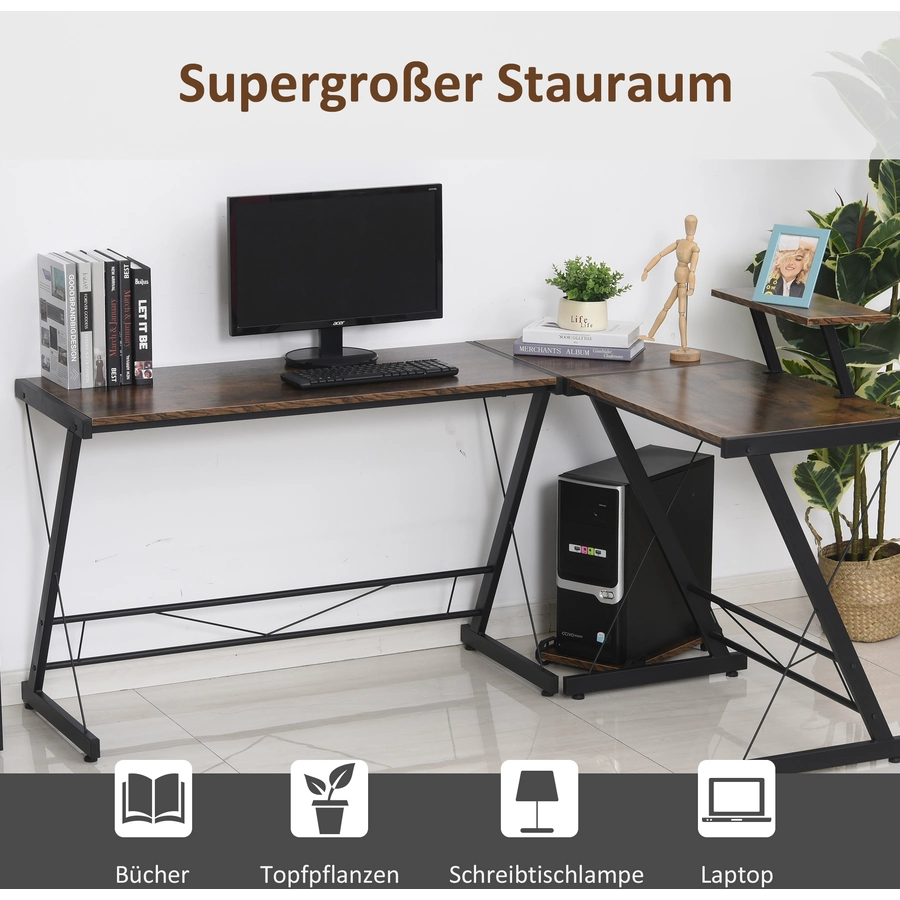 HOMCOM Eckschreibtisch schwarz, Holzmaserung