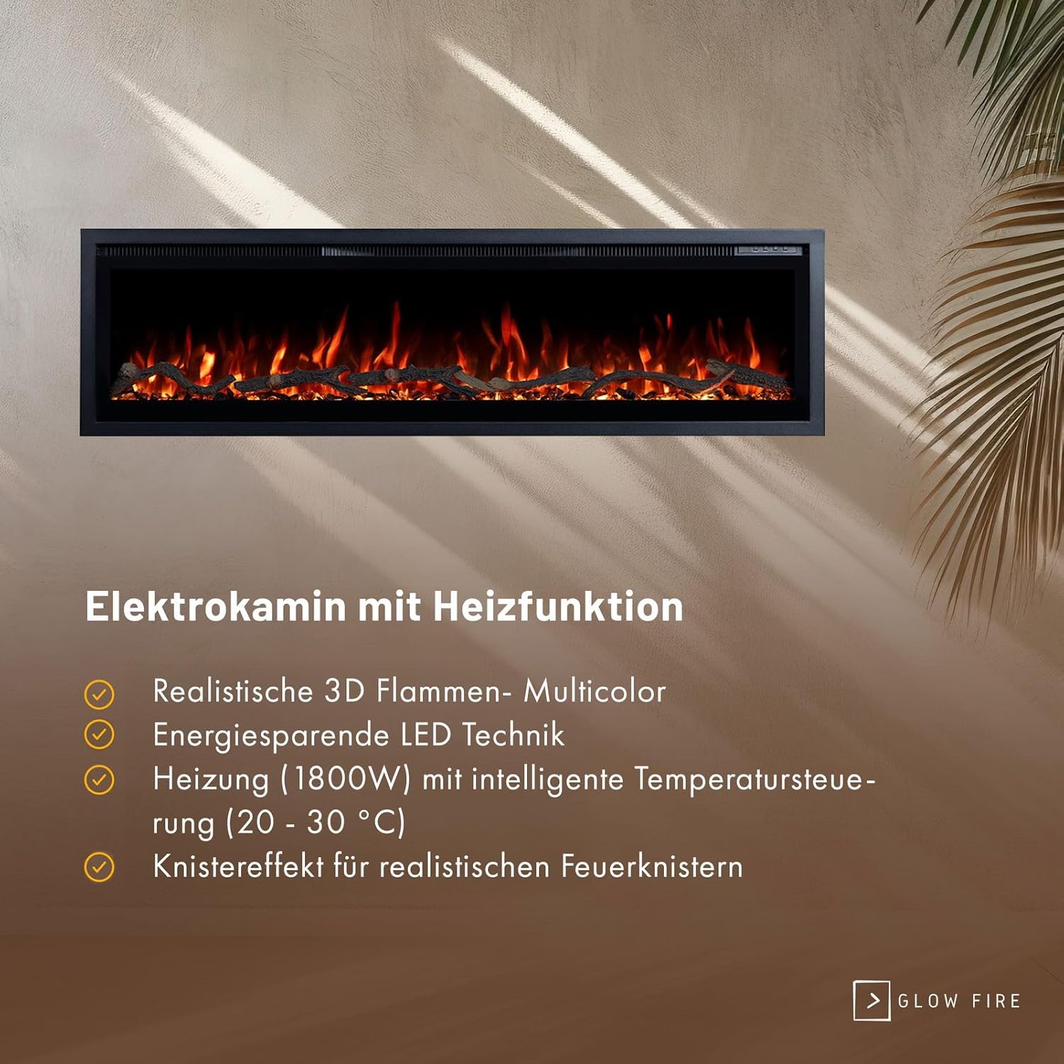 GLOW FIRE Elektrokamin Core 127 mit realistischem 3D LED-Feuer - Wand-Elektrokamin mit Heizung und Kaminfeuer, App Steuerung, Knistereffekt & Timer, max. 1800 W, 127x35x12cm
