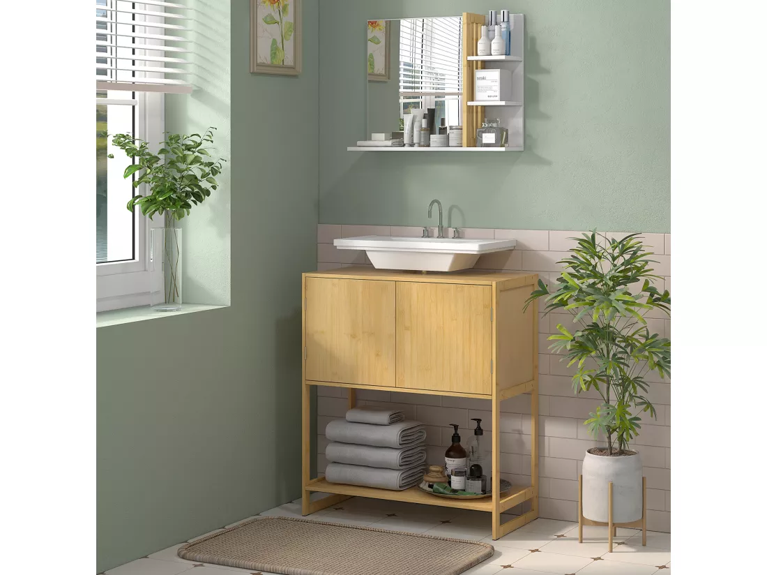 Meuble sous vasque 2 portes étagère - dim. 70L x 33l x 79,5H cm - bambou