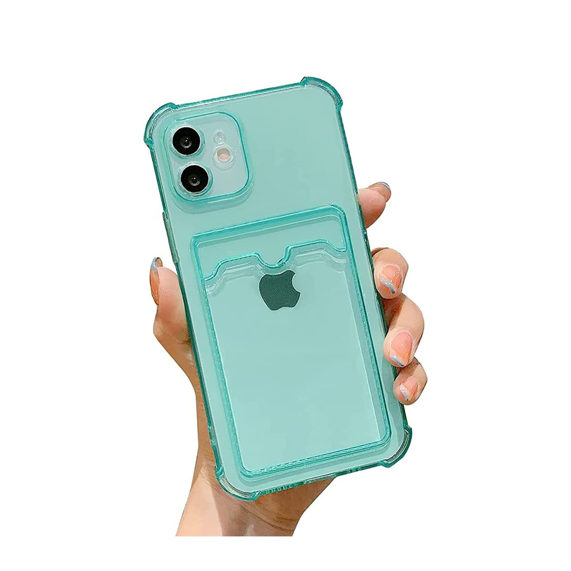 iPhone 12 Gummi Case Hülle mit Kartenfach   Air Cushion Fallschutz - Grün / Transparent