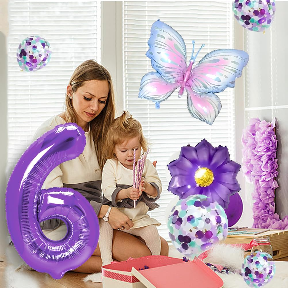 (7-tlg. Set) Zahlen Ballon Kinder Geburtstags Party Folienballon inkl. Latex Luftballons - Zahl 6 / Schmetterling
