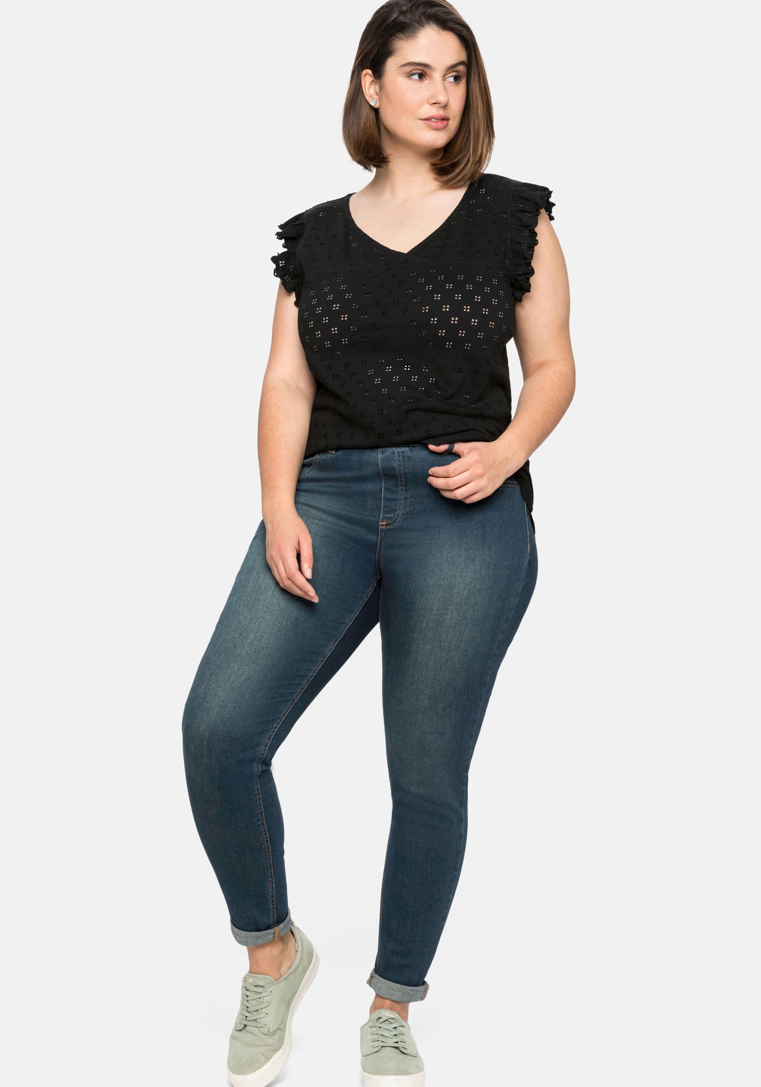 Jerseytop mit Lochmuster und Rüschen
