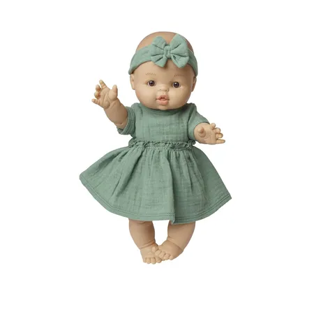 Heless Puppenkleid aus 100 % Bio-Baumwolle mit Rüschen und Haarband, salbeigrün, 2-teilig, Gr. 28-35 cm