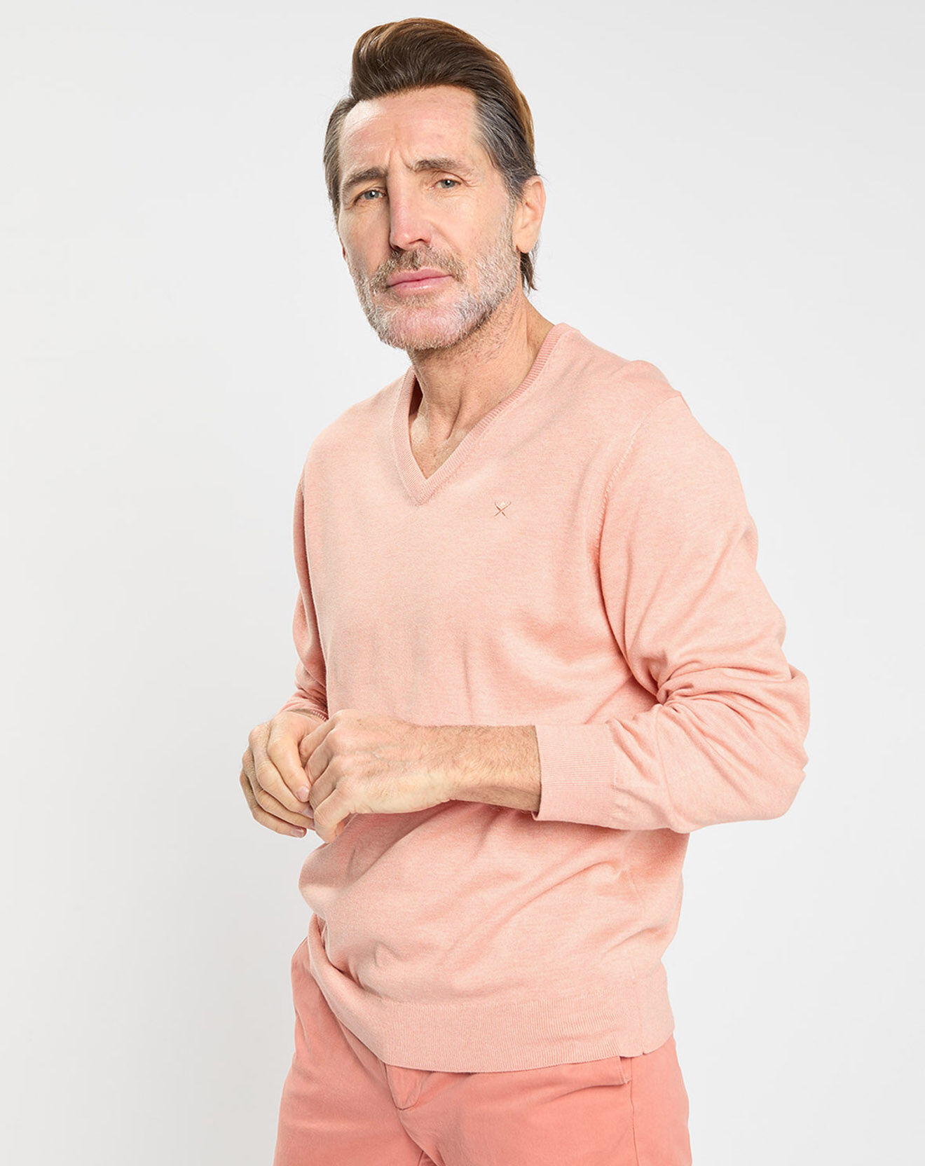 Hackett London Pull en Coton & Soie col V orange clair chiné