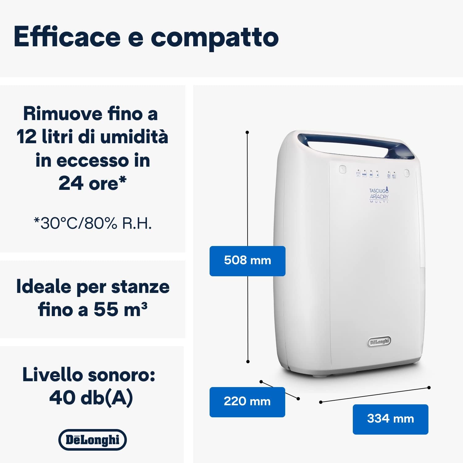 De'Longhi Tasciugo AriaDry Déshumidificateur DEX212SF, Déshumidificateur Portable avec Système de Filtration à 3 Actions, Fonction Séchage, Déshumidification 12L/Jour, R290, Réservoir Amovible, Blanc