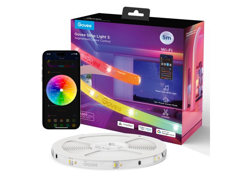 Govee LED Stripe Light S, Wi-Fi / Bluetooth / Matter, 5 m, LED-Leuchtstreifen mit Schutzbeschichtung