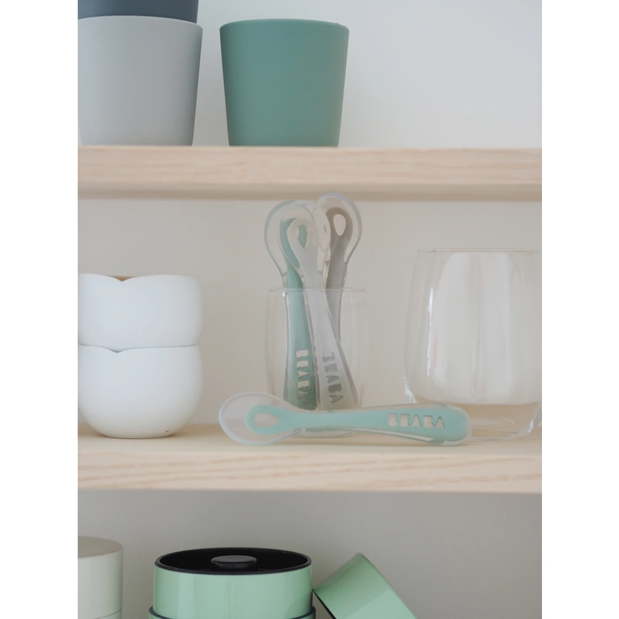 BEABA® Babylöffel 4er Set aus Silikon ab 8 Monaten, velvet grau salbeigrün