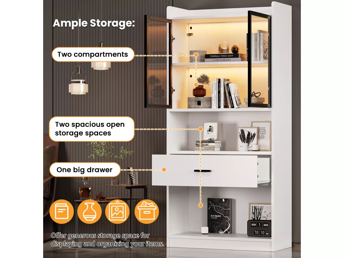Vitrine 32x80x153.5 cm avec LED - 2 portes vitrées et 1 grand tiroir - Blanc
