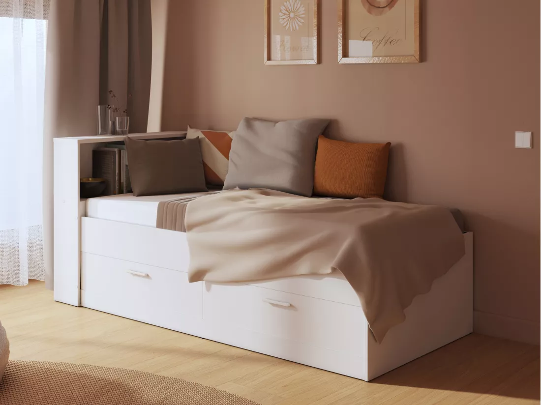 Lit 90 x 190 cm avec tiroirs et rangements - Coloris : Blanc + Sommier - BORIS II
