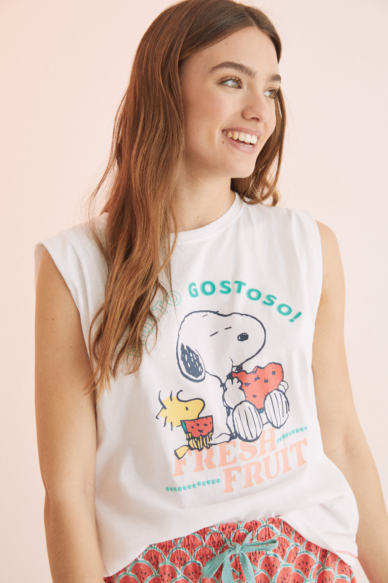 Pijama curto Snoopy Melancia com alças, 100% algodão - Bege