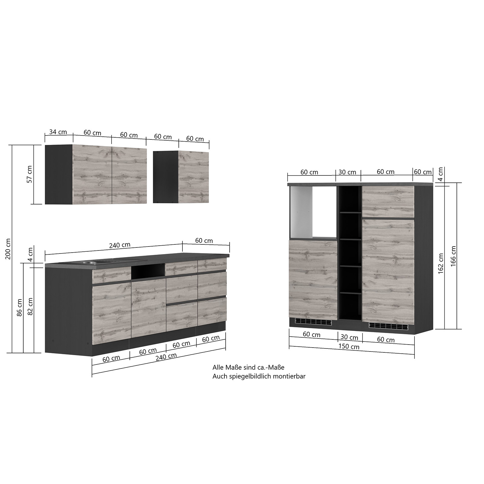 Küchenblock TURIN - Wotan Eiche-graphit - 390 cm