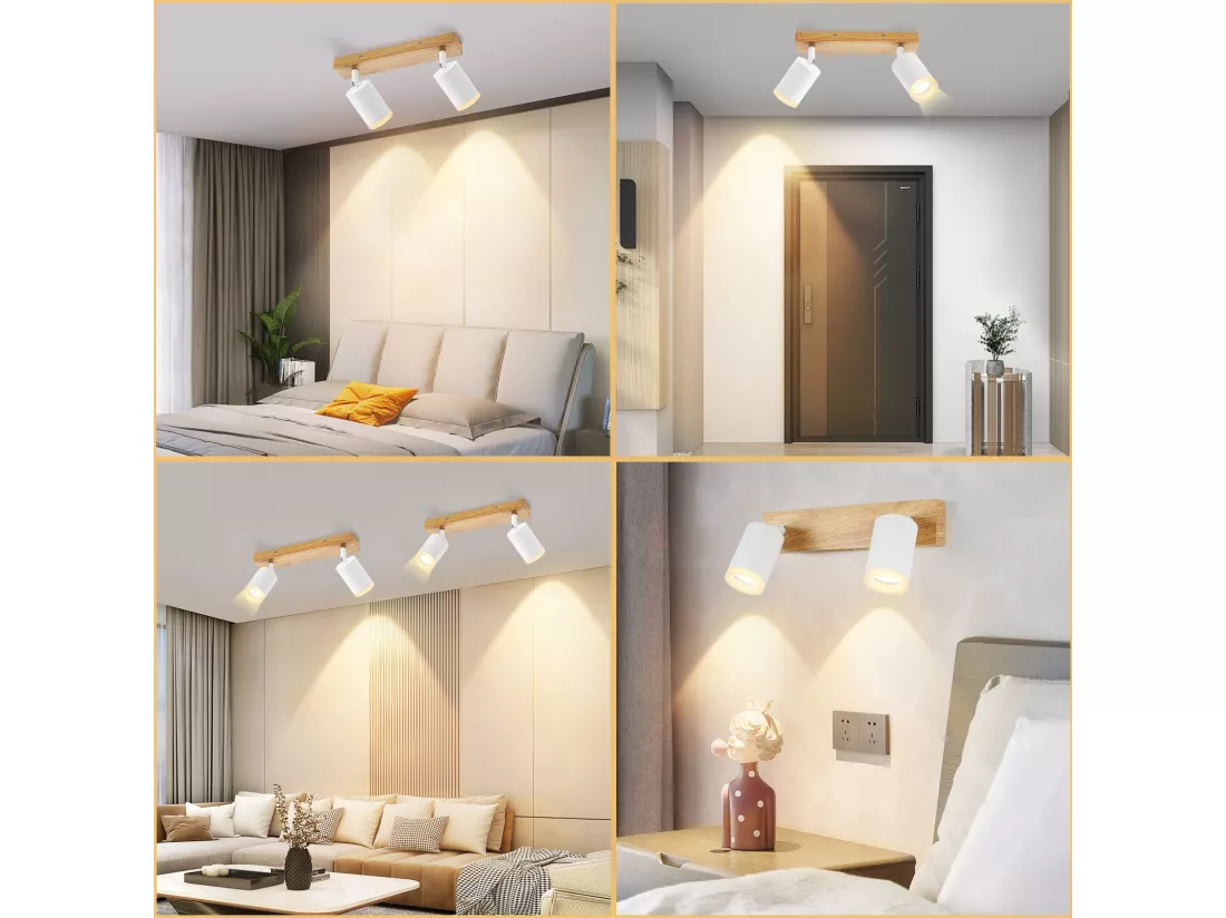 NETTLIFE Spot de plafond blanc GU10 spot mural en bois vintage pivotant sans ampoule orientable à 350° industriel