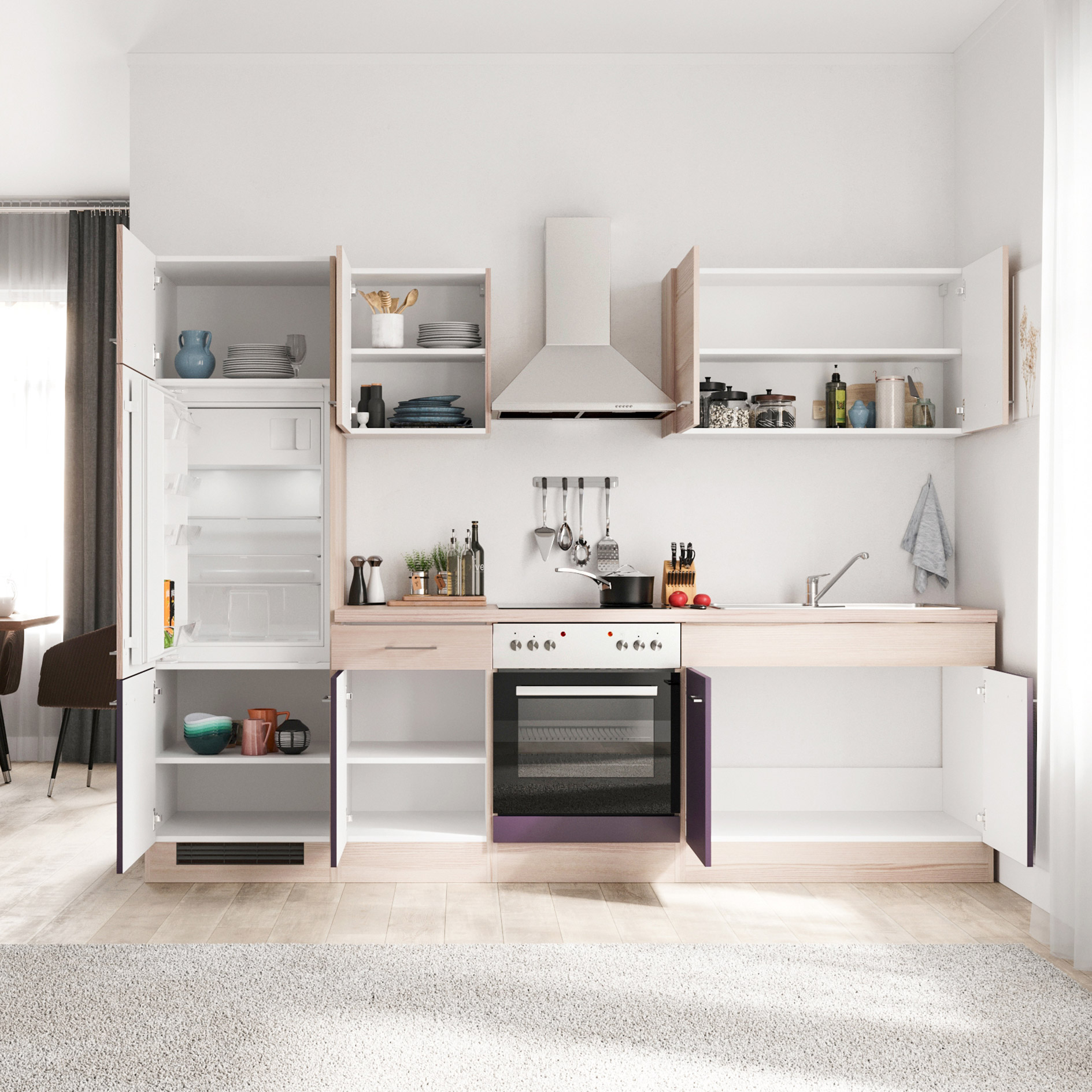 Küchenblock FOCUS - Akazie - aubergine - mit E-Geräten - 270 cm