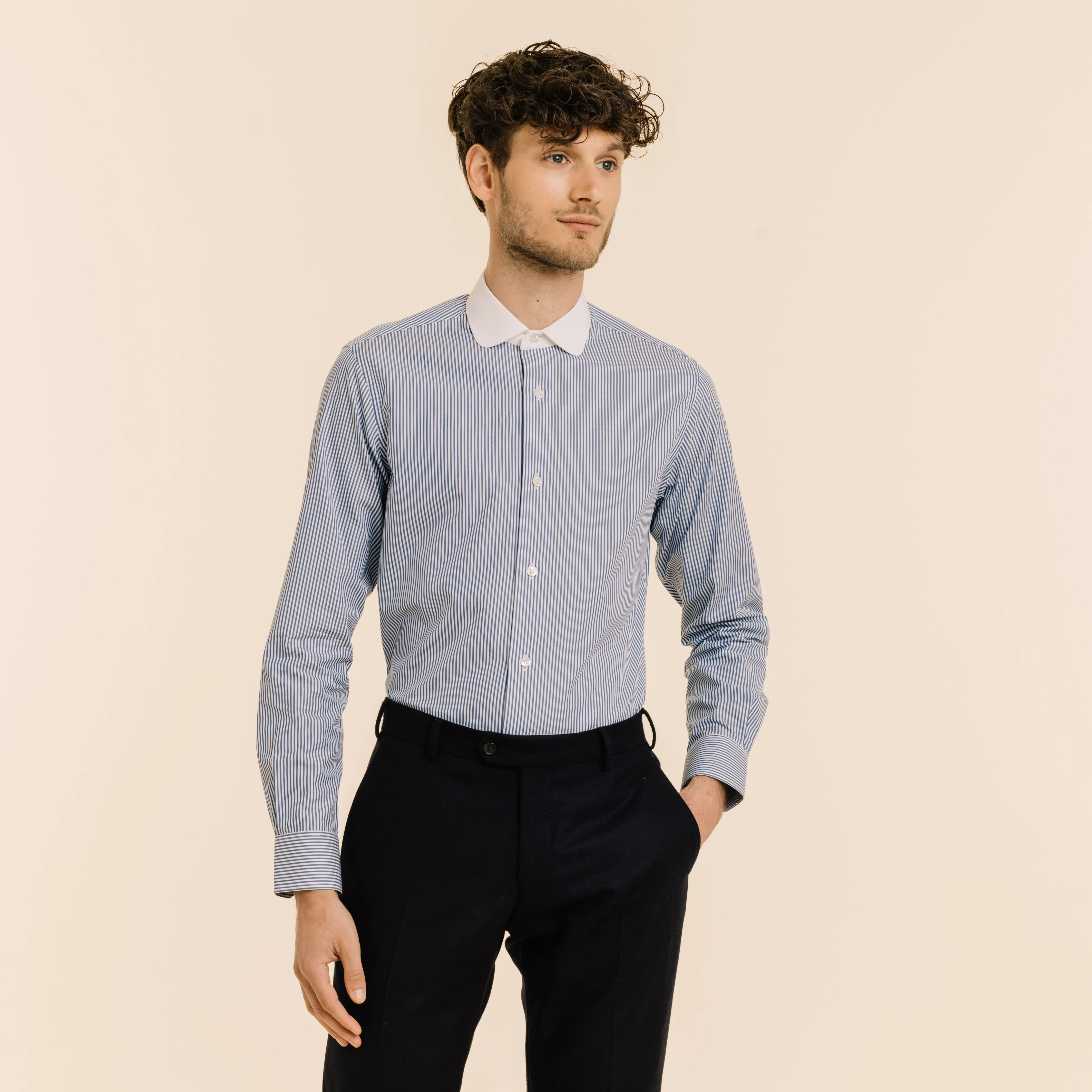 Double-twisted poplin shirt with blue stripes