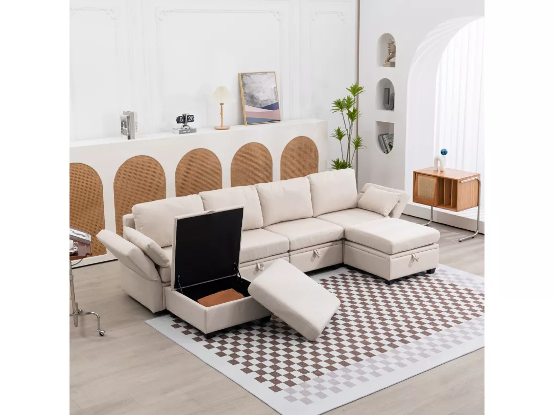 Canapé modulable 6 places convertible, en lin, avec rangement et accoudoirs réglables, 280x140x85cm, Beige