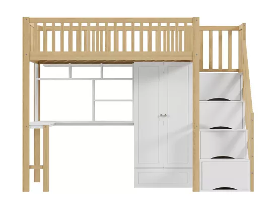 Lit mezzanine 90x200 avec grande armoire étagère et table espace de rangement escalier lit polyvalent blanc+naturel