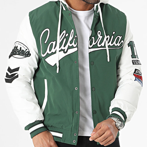 Veste Teddy Capuche Vert Blanc