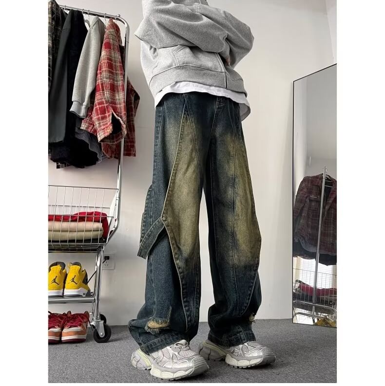 Kenning - Mid Rise Distressed Strappy Wide Leg Jeans