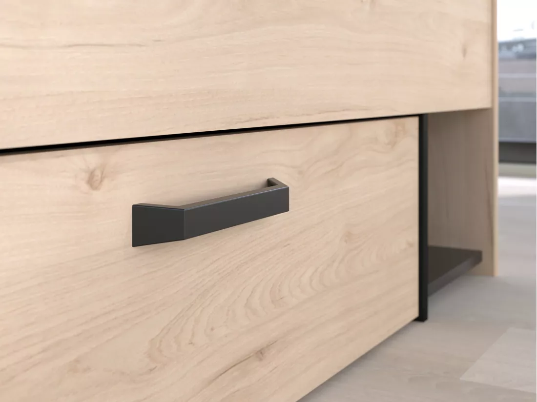 Lit 140 x 190/200 cm avec rangements - Coloris : Naturel et noir + Sommier - KINSELIA