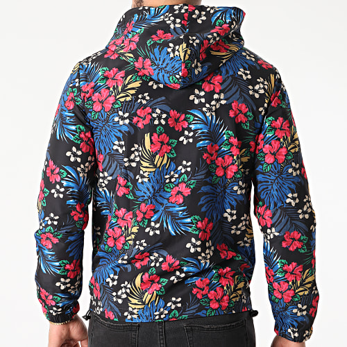 Veste Zippée Capuche Réversible Flower Noir Rose Bleu Roi Floral