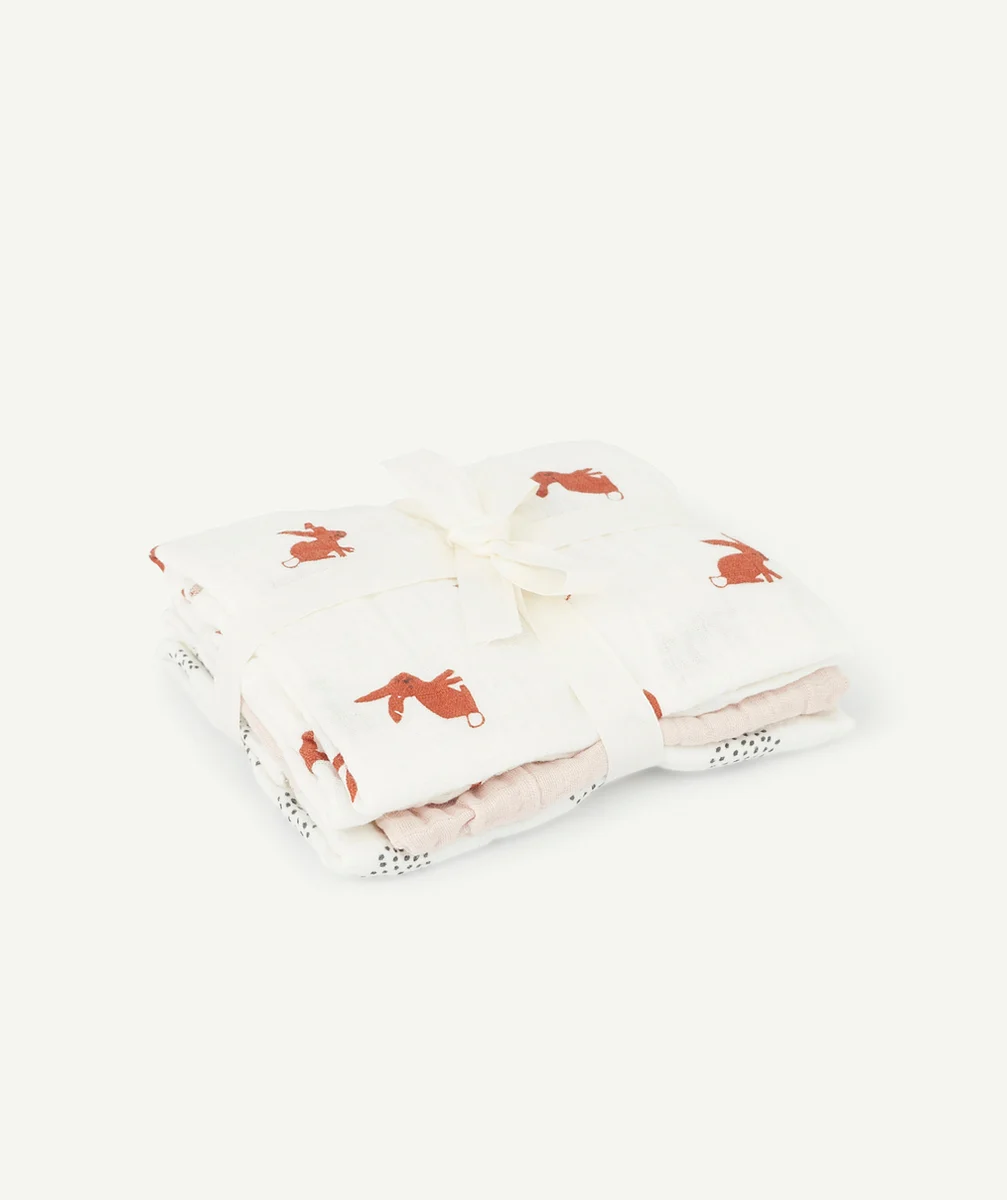 LASSIGLOT DE 3 LANGES ROSES LAPIN EN COTON BIO BÉBÉ