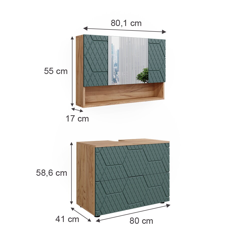 Vicco Badmöbel-Set Irma Eiche Grün 2-teilig Spiegelschrank Waschbeckenschrank 80 cm