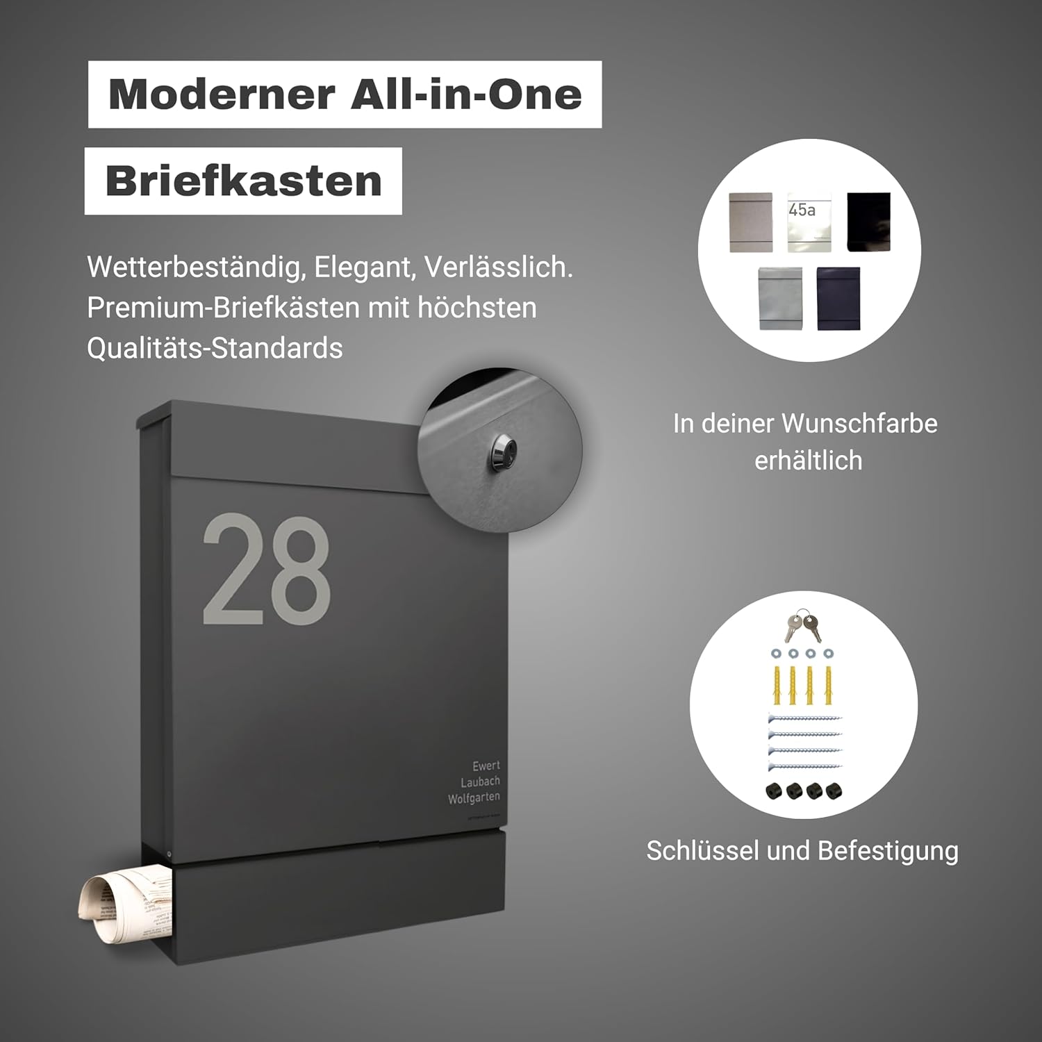 Radius Designer Briefkasten - personalisiert mit Lasergravur - 10 Jahre Funktions- und Korrosionsgarantie - Postkasten inkl. Montagematerial – Letterman M Anthrazit