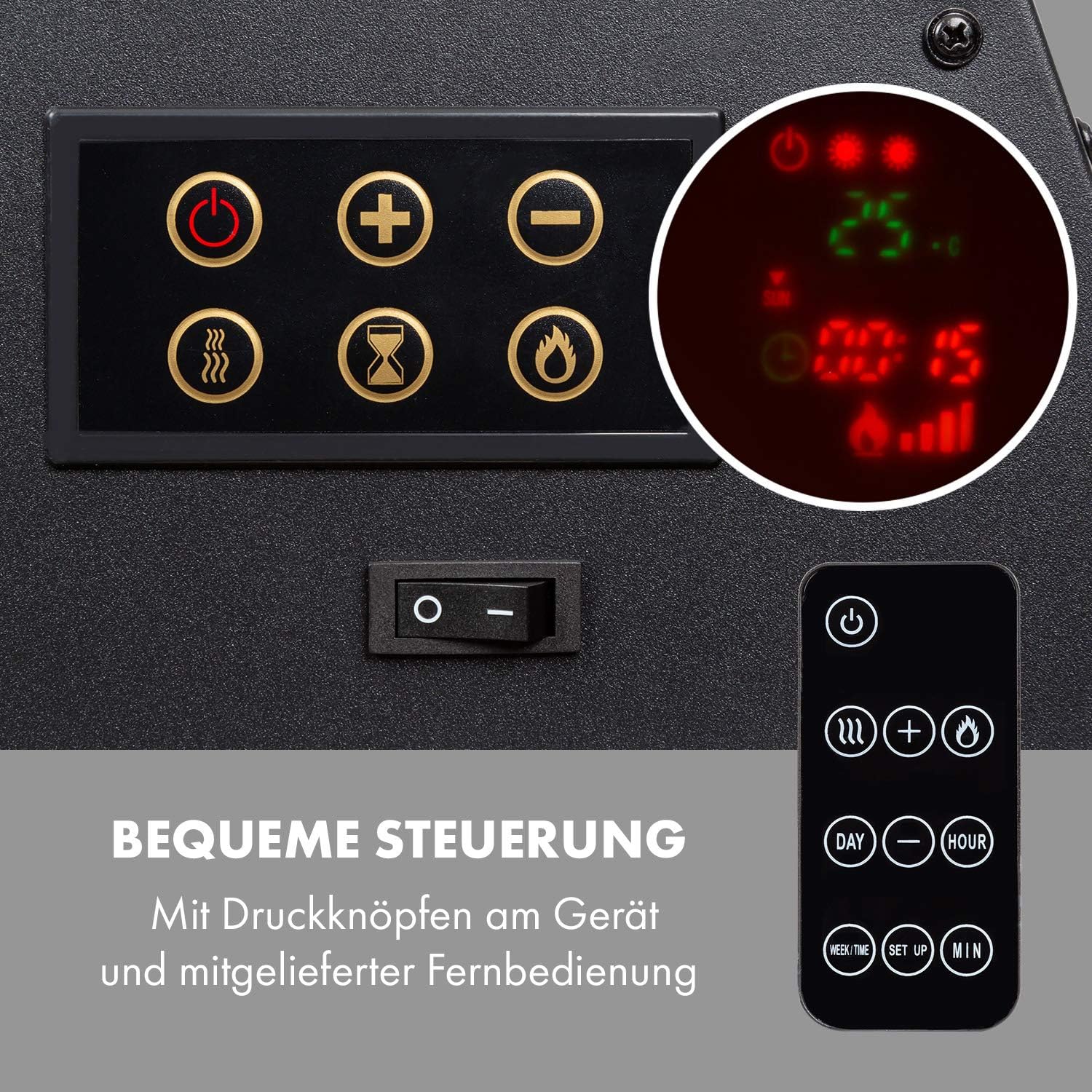 Klarstein Elektrokamin, Elektro Heizungen für Wohnzimmer & Innenräume, Elektrischer Kamin mit LED Flammen, Kamin zur Wandmontage, Heizlüfter mit Timer, Einstellbarer Thermostat, Heizung 2000 W
