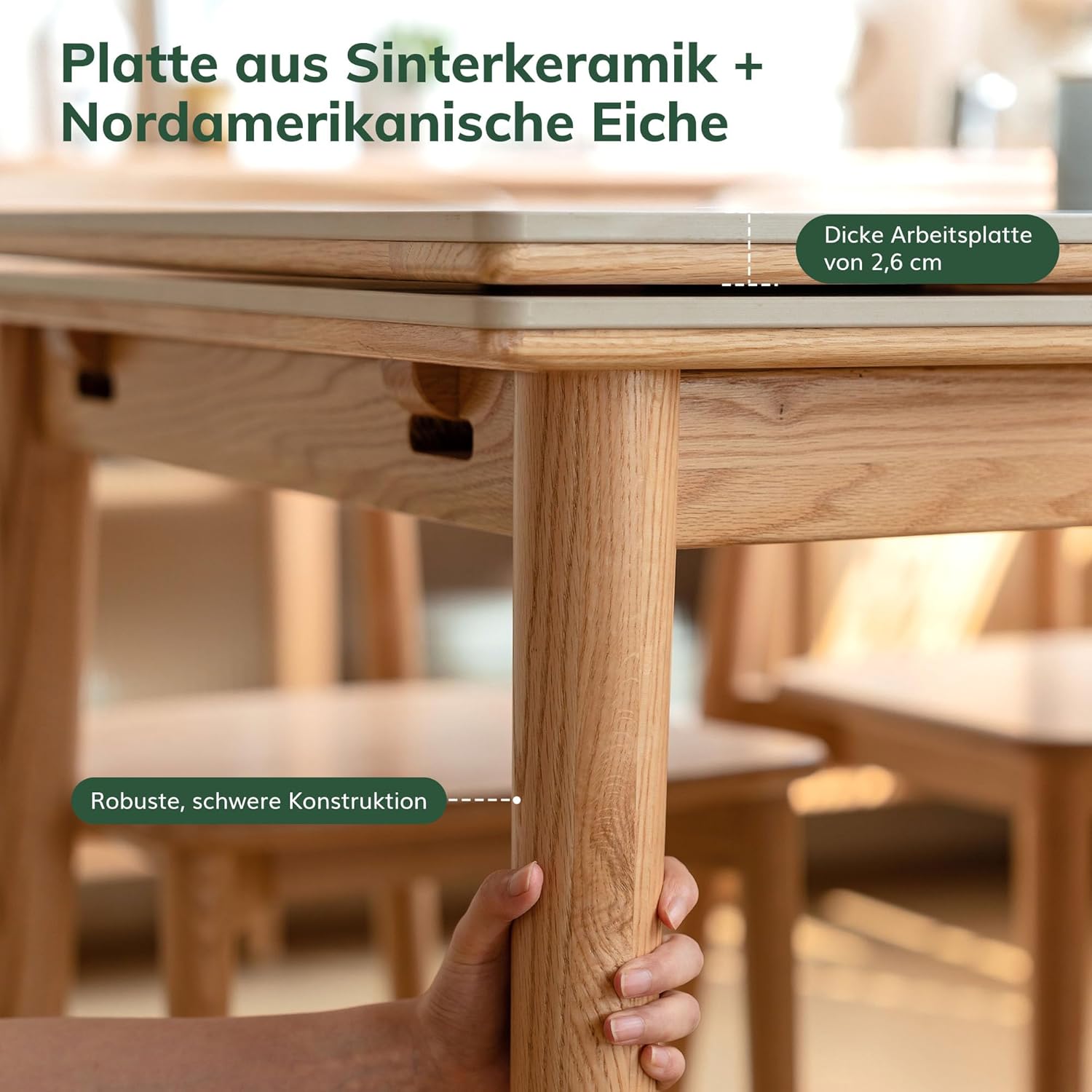 YESWOOD Esstisch ausziehbar aus massivem Gummibaumholz, Esstisch Keramik, 0 Furnier，ausziehbarer Tisch für 2 bis 6 Personen, für Esszimmer und Wohnzimmer (90-150) x 70 x 76 cm, Beige