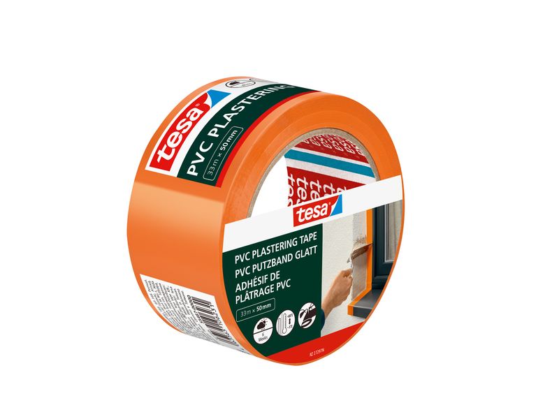tesa PE Putzband, Orange, 33 m x 50 mm Hochwertiges Putzschutzband zum Schutz empfindlicher Profile und Verblendungen