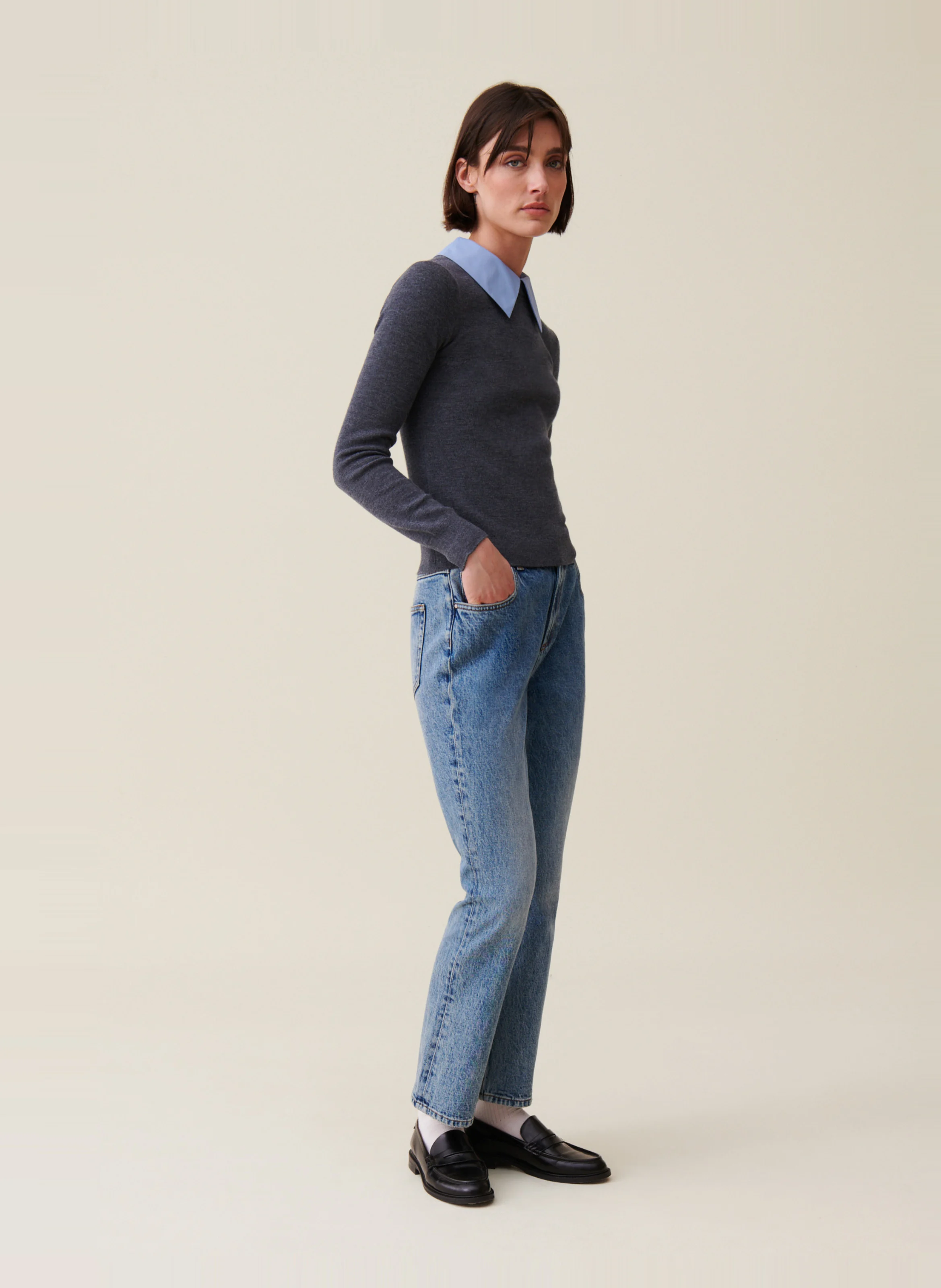 Pull droit col amovible en laine | Gris