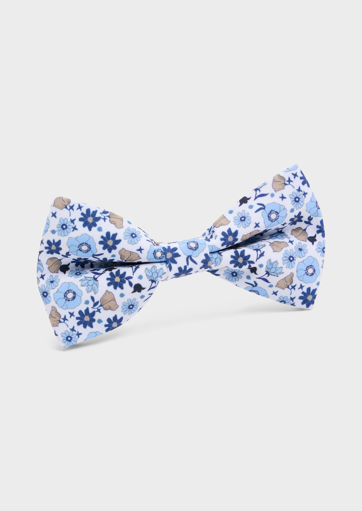 Noeud papillon blanc à motif fleuri bleu azur, bleu ciel et beige