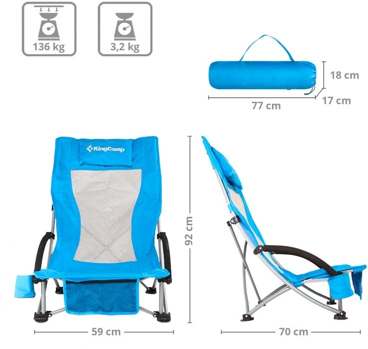 KingCamp High Beach Chair Faltstuhl mit hoher Lehne und Liegestuhl-Komfort royal blue