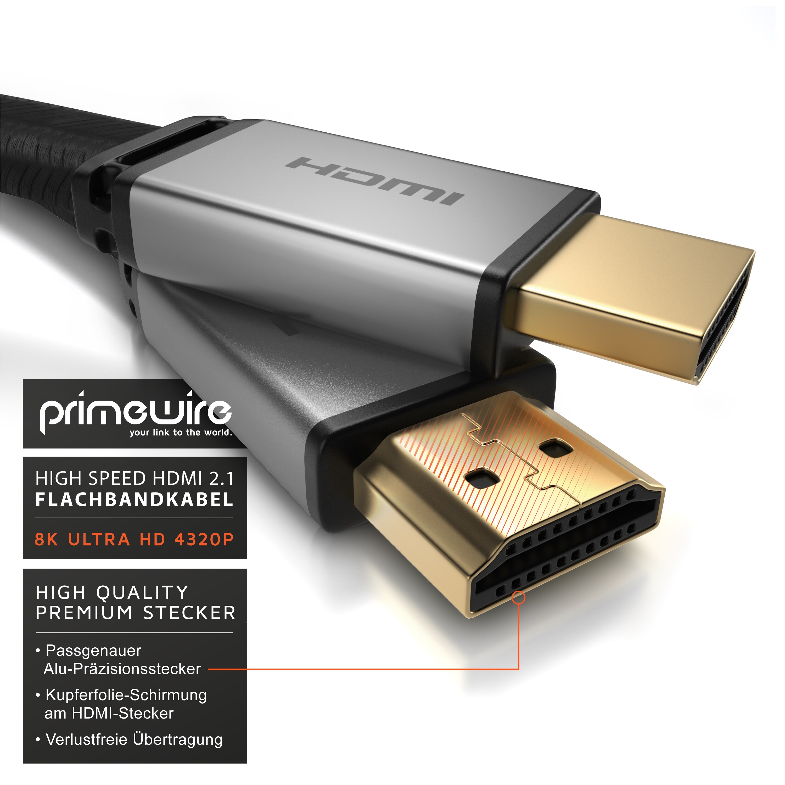 Primewire 8K High Speed HDMI Kabel 2.1 - Flachbandkabel mit Gewebemantel 7680 x 4320 @ 120 Hz mit DSC - 1m