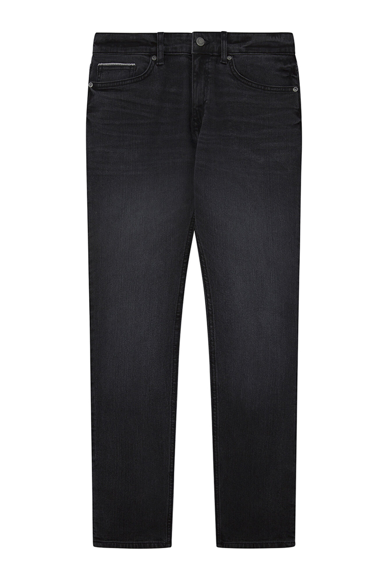 calça jeans slim preta, leve e com lavagem suave.