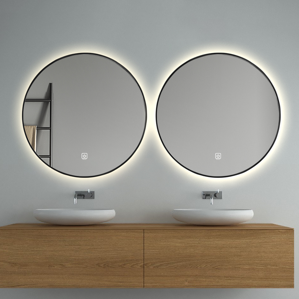 Set van 2 Saniclear Circle Black ronde spiegel met LED verlichting 80cm incl. spiegelverwarming mat zwart