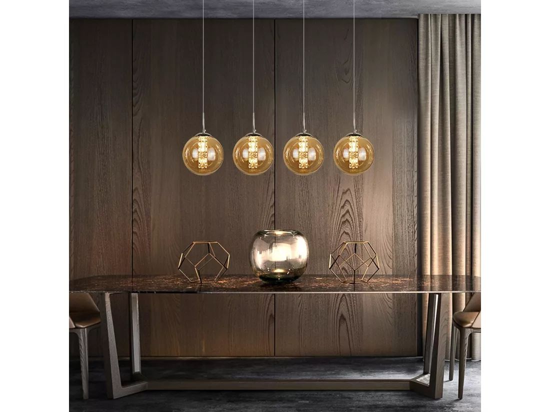 NETTLIFE Suspension verre ambre Diam.70cm G9 réglable en hauteur lampe de table à manger à 4 lampes de ambre lampe de salon de cuisine lampe