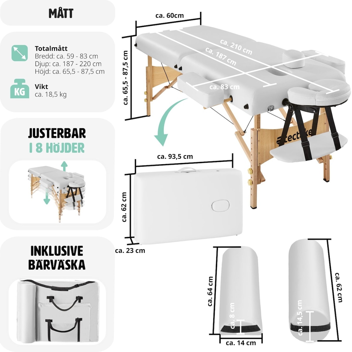 Massasjebenk 7,5cm polstring + ruller - hvit