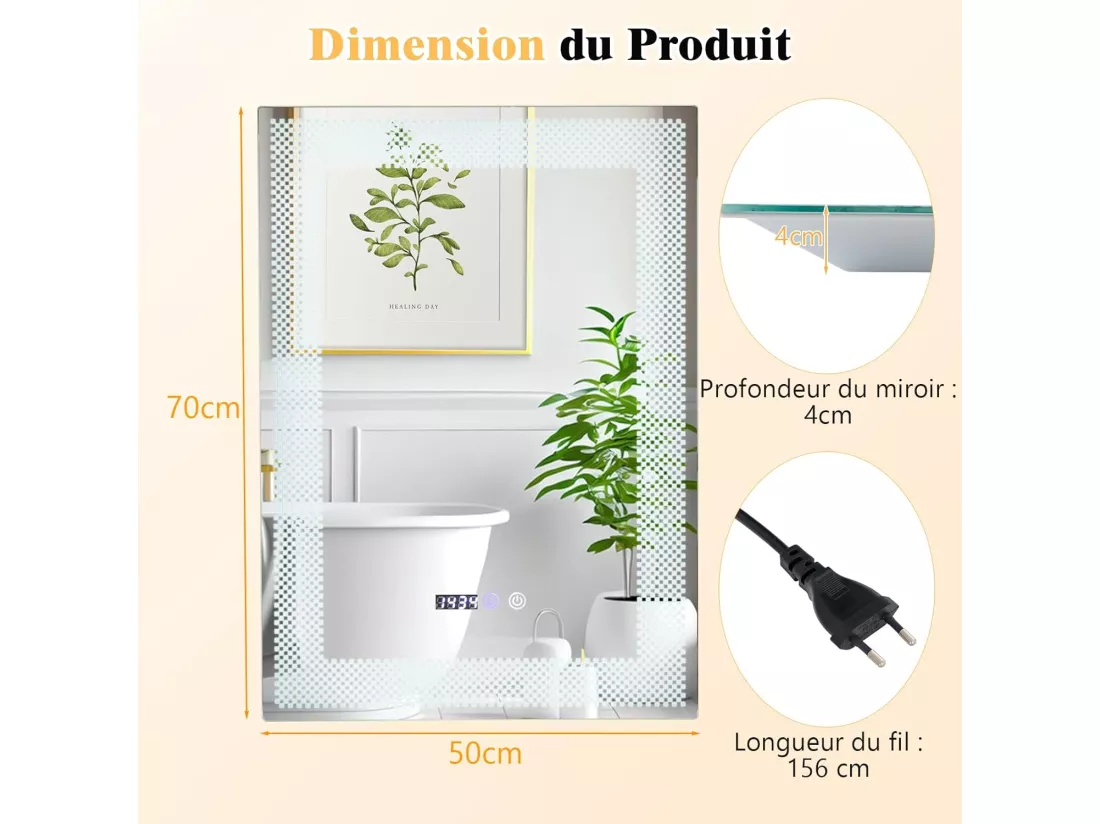 Miroir Salle de Bain LED à 3 Couleurs & Luminosité Réglable, 70 x 50 cm