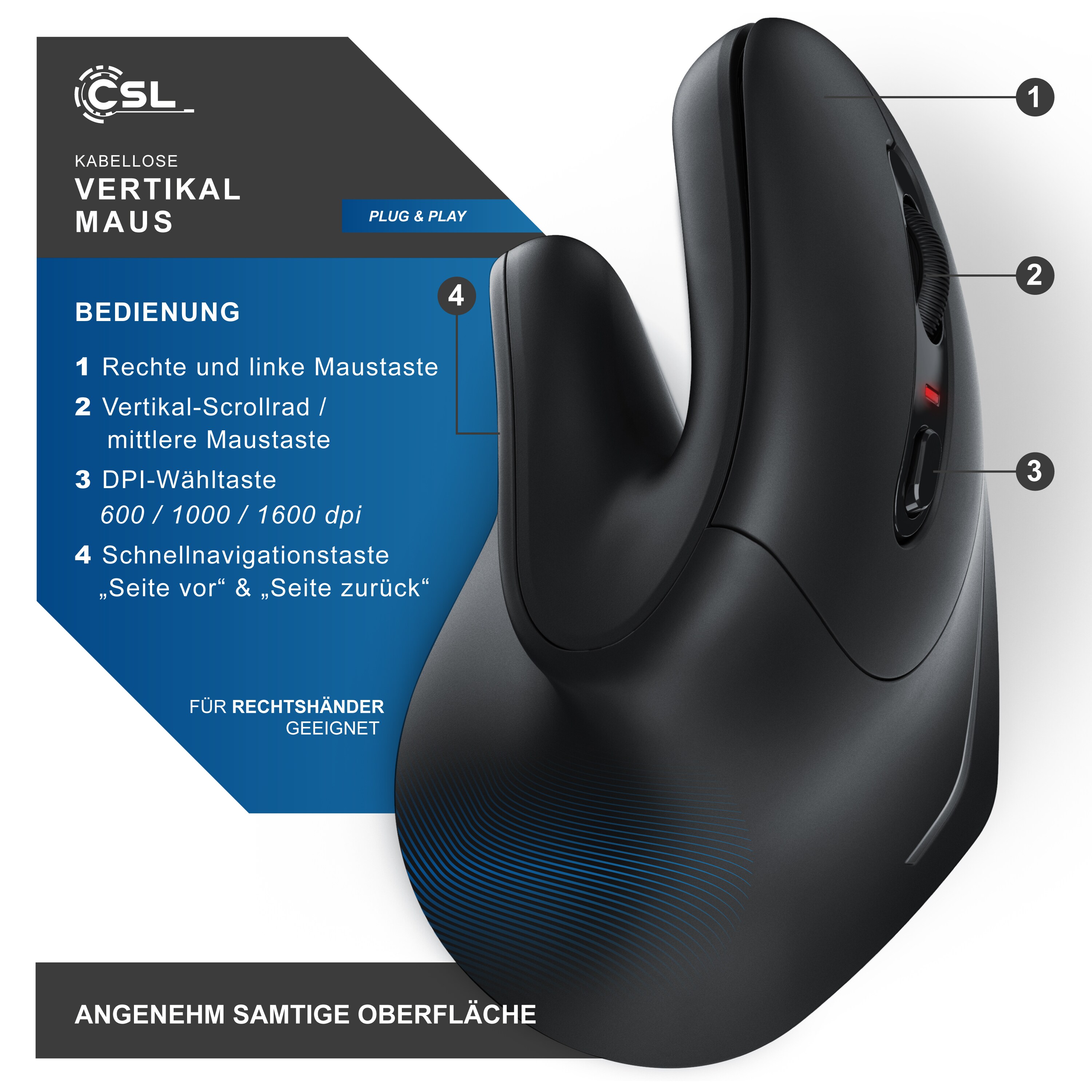 CSL ergonomische Maus, Funk, kabellos, kabellose Vertikal Mouse, Vertikalmaus armschonend & ergonomisch