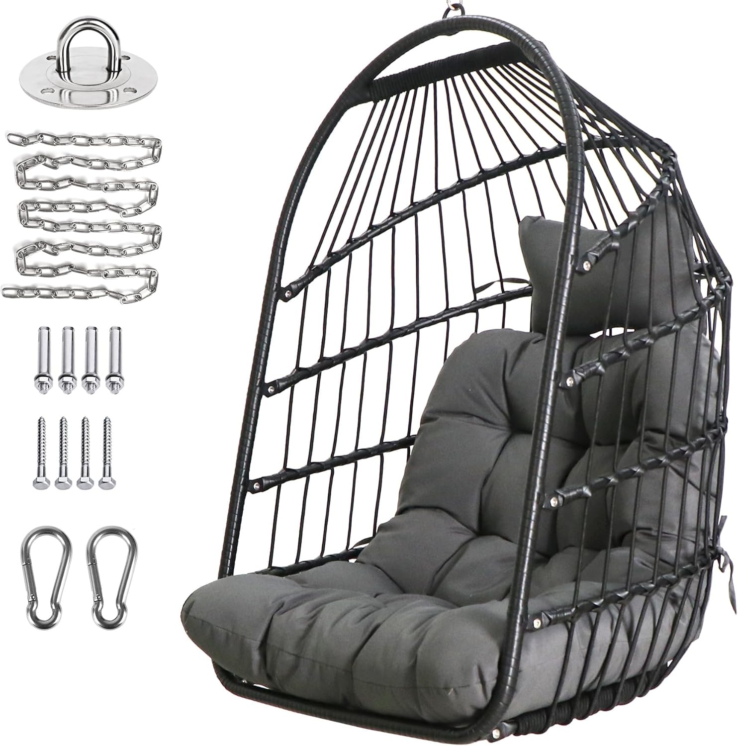 Hängesessel Faltbarer Korb-Hängesitz Rattan-Hängestuhl mit Edelstahl Aufhängeset Kettenglied UV-beständiges Kissen Schlafzimmer Balkon