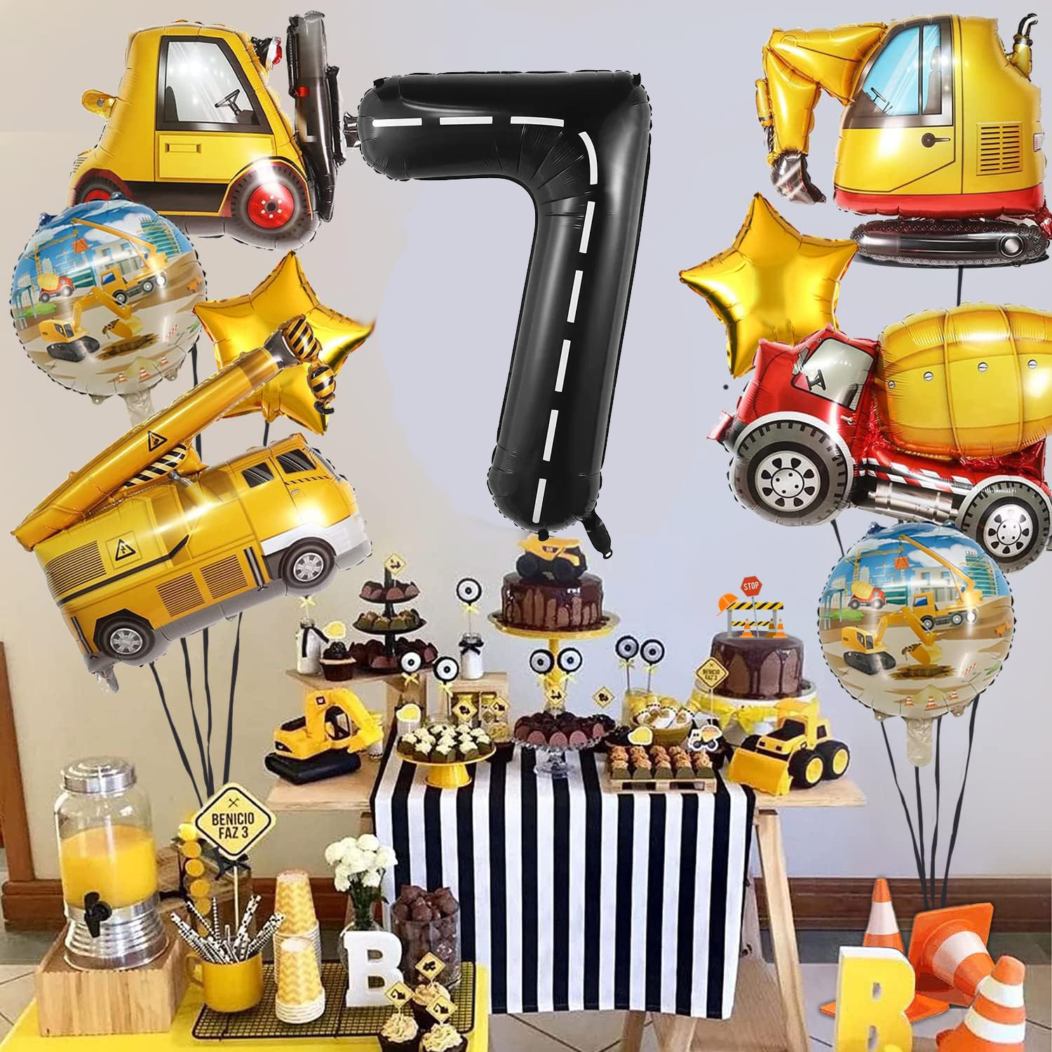 (9-tlg. Set) Zahlen Ballon Kinder Geburtstags Party Folienballon - Zahl 7 / Baustelle