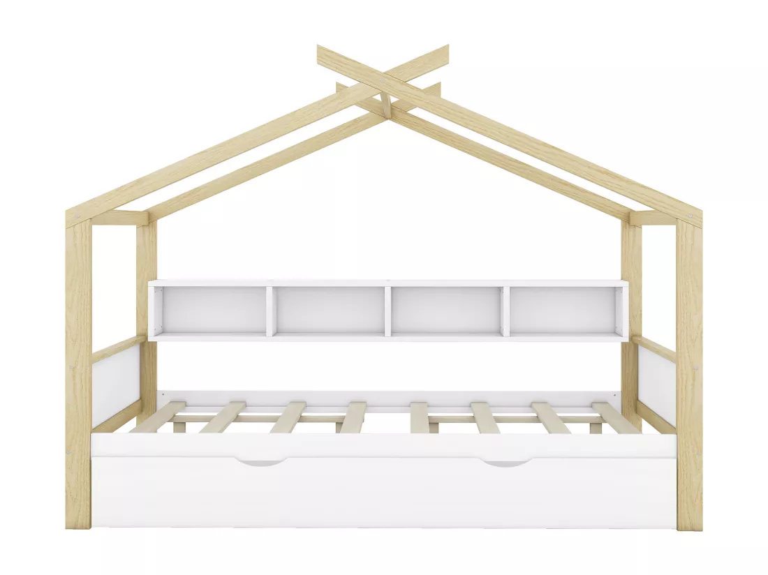 Lit cabane 140x200cm, lit de maison d'enfant, équipé d'un lit gigogne, 4 compartiments de rangement, blanc