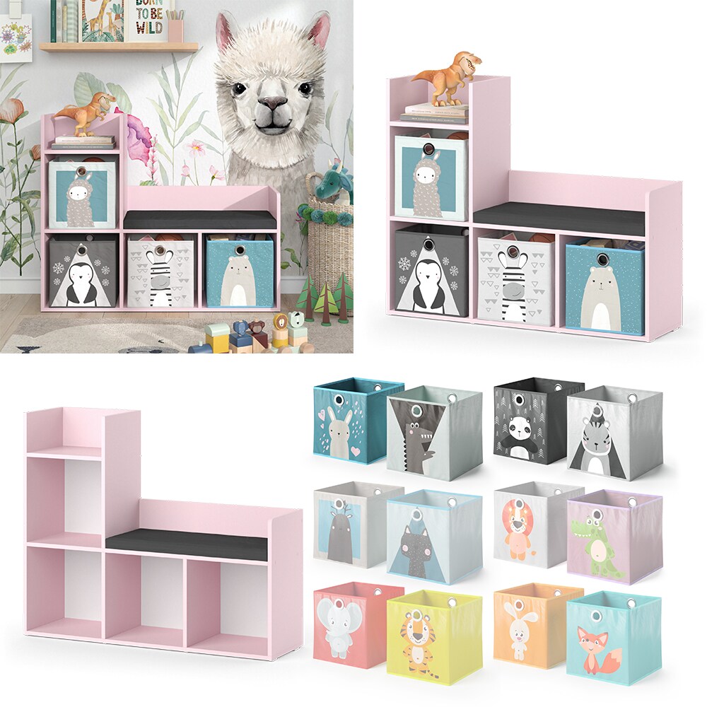 Vicco Regal mit Sitzbank Luigi 107 x 88 cm, Rosa, Kinderzimmer, mit 4 Faltboxen